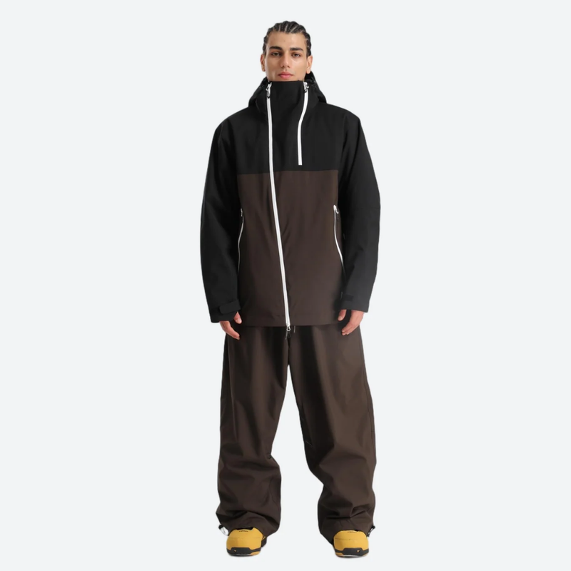 Men's breathable 2L snowboard jacket and pants - black and coffee brown colorblock, for skiing and snowboarding