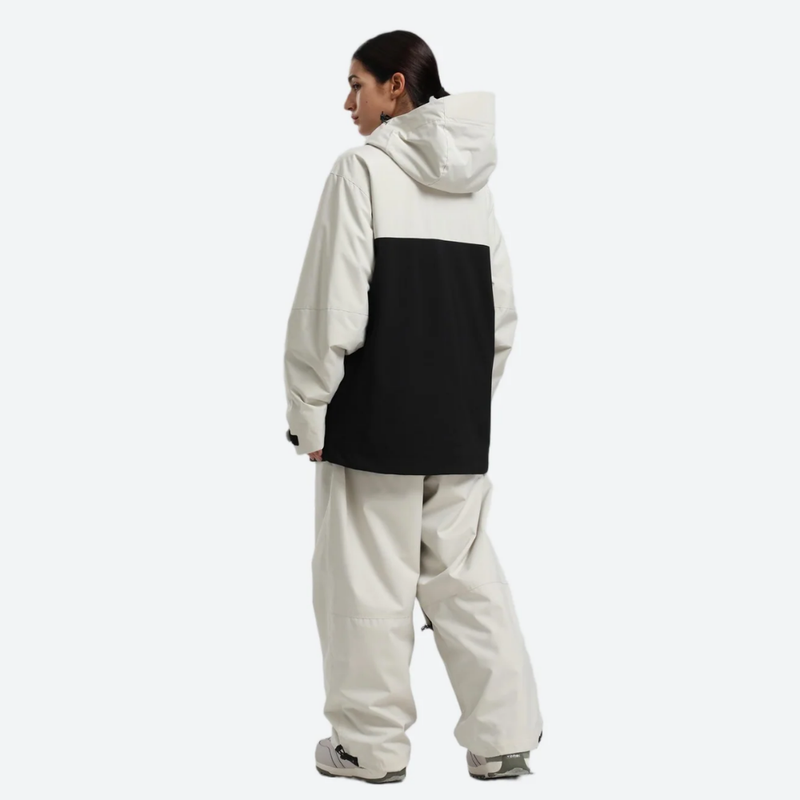 Women's colorblock ski jacket set - cream and black colorblock jacket with cream pants, for resort and street wear