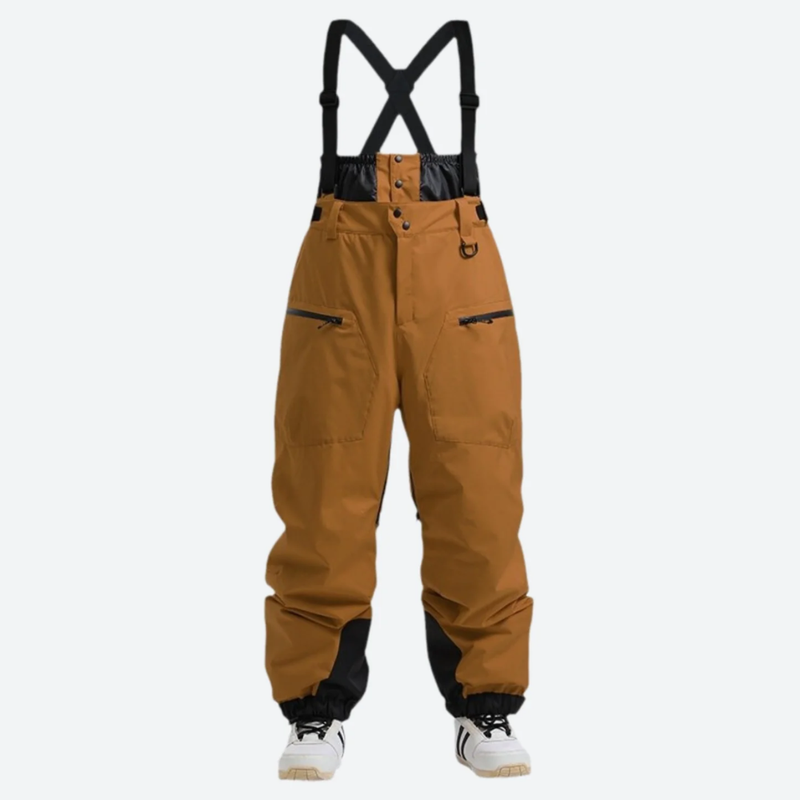 Men's 3L waterproof suspender snow pants - amber tan bib pants, for resort and backcountry days