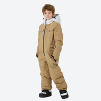 
                  
                    Kids one-piece snowboard suit with snow gaiters - tan kids one-piece snow suit, for kids skiing and snowboarding
                  
                