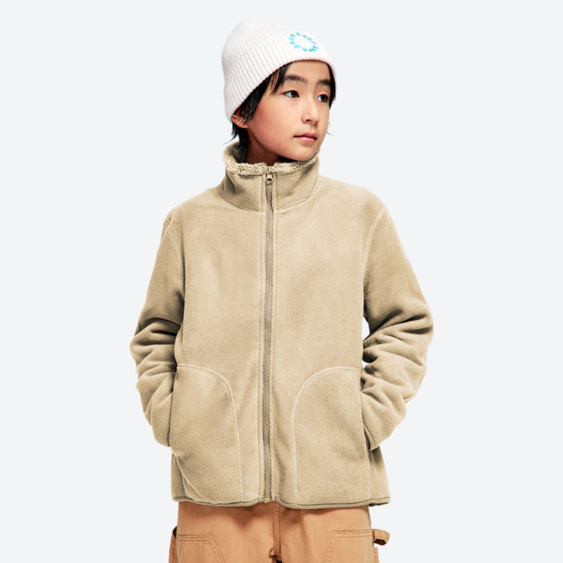 Kids' soft warm fleece jacket with hand pockets - tan kids fleece jacket with stand collar and beanie