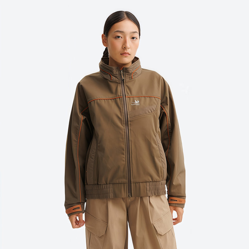 Unisex lightweight softshell outdoor pants - tan softshell jacket, on-model front view, for resort and street wear