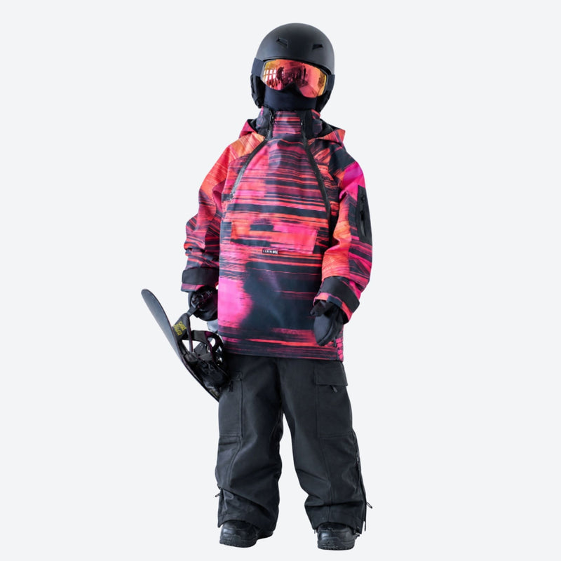 Kids print snowboard anorak with bib pants - red print kids set, for family resort trips