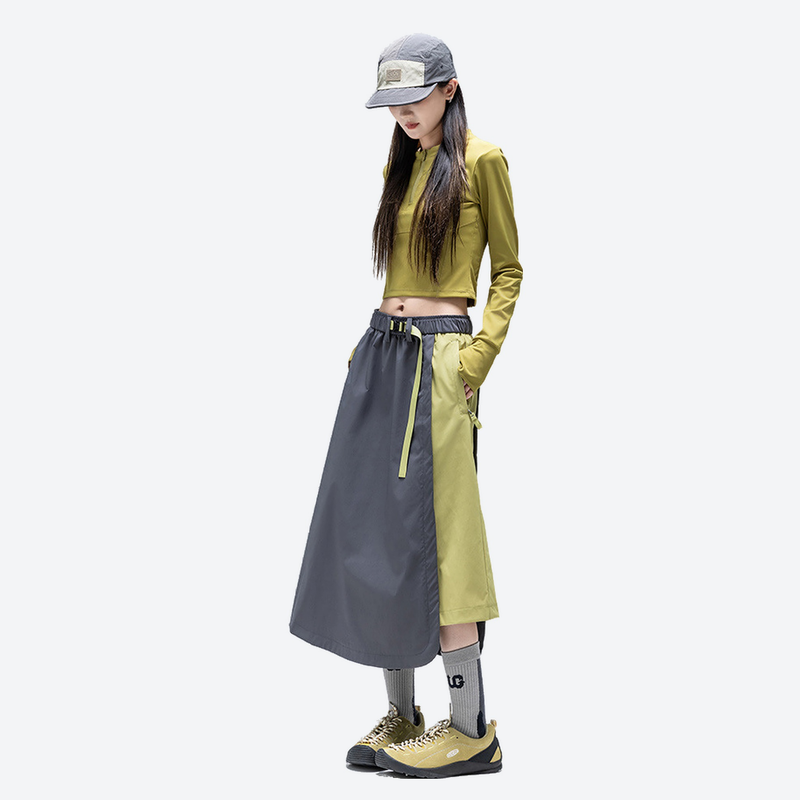 Versatile color-block water-repellent skirt - gray lime color-block long skirt on women, for travel and city walks