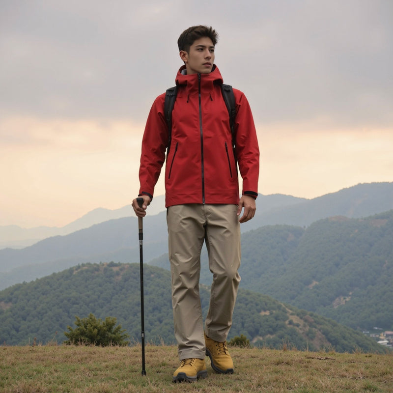 Men's waterproof hardshell rain jacket with vents - red hardshell jacket, for travel and daily commute