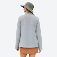 
                  
                    Unisex skin-friendly hardshell jacket for all seasons - gray fleece liner jacket, on-model back view, for hiking and travel
                  
                