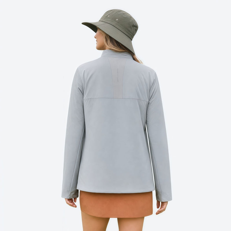 Unisex skin-friendly hardshell jacket for all seasons - gray fleece liner jacket, on-model back view, for hiking and travel