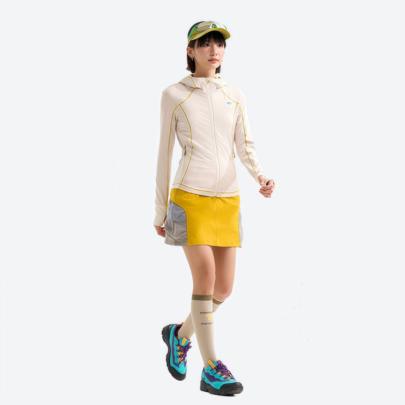 Women's 7A antibacterial hooded sun jacket - cream white slim fit sun jacket on women with cap, for hiking and trail walking