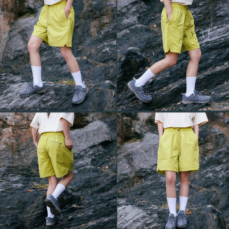 Water-repellent nylon shorts for outdoor - lime green quick-dry shorts with white tee, for travel and city walks