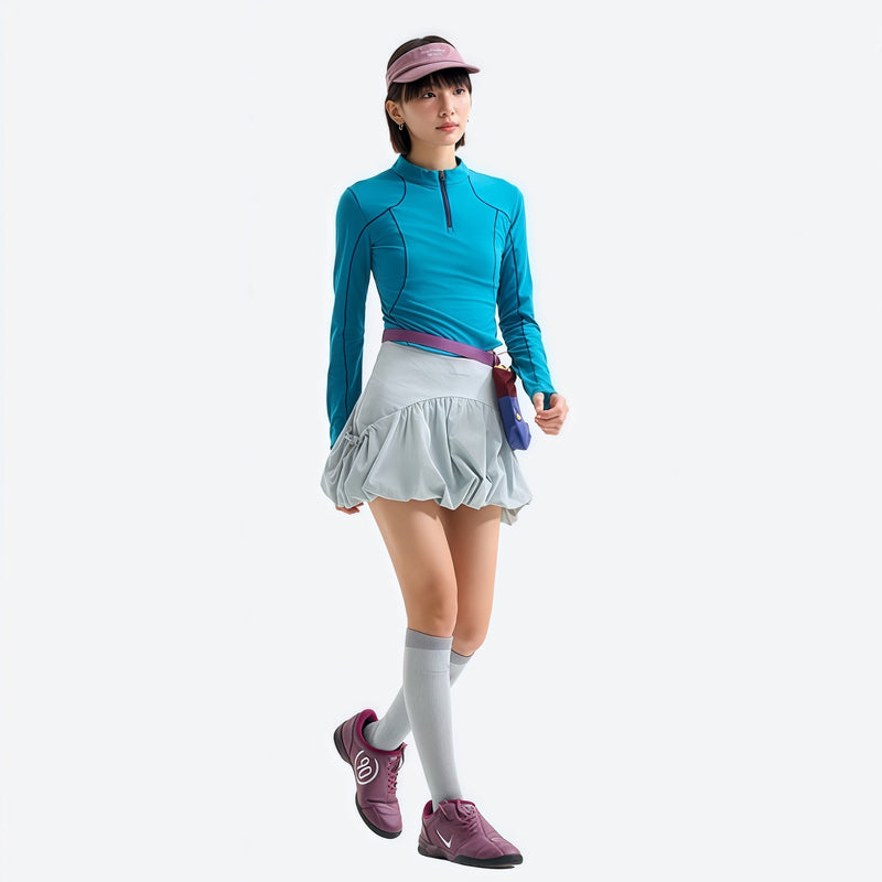 Women's fitted quick-dry breathable tee - lake blue half-zip long sleeve tee on women with cap, for cycling and commuting