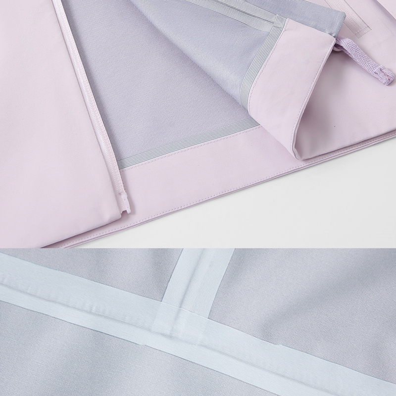 Women's packable waterproof shell for outdoor - pink, seam and vent close-up detail, for cold-weather outdoor wear