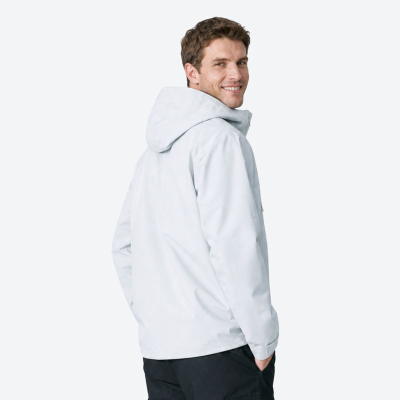 Unisex packable hardshell jacket with carry system - white hardshell jacket, on-model side view, for hiking and travel