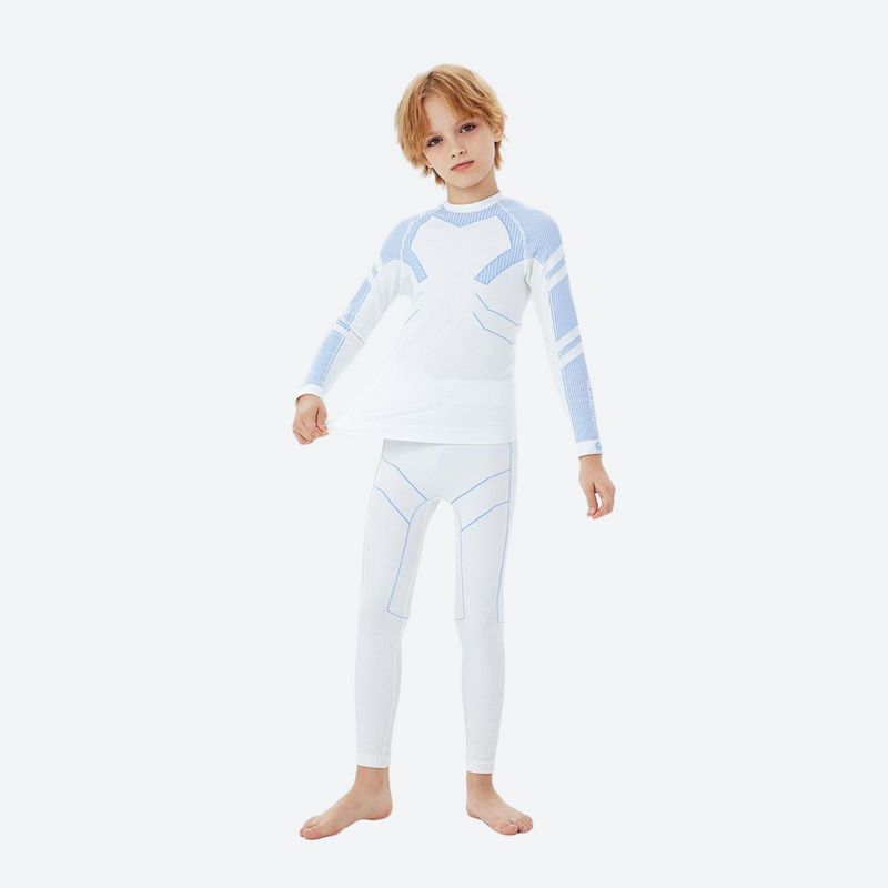 Kids' soft merino wool baselayer for cold days - white and blue kids merino wool base layer suit, walking view