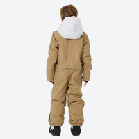 
                  
                    Kids breathable 2-layer jumpsuit ski suit - tan kids one-piece snow suit, on-model back view, for cold-weather winter sports
                  
                