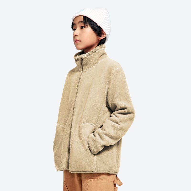 Kids' stand-collar fleece mid-layer jacket - tan kids fleece jacket with stand collar and beanie, for layering under ski wear
