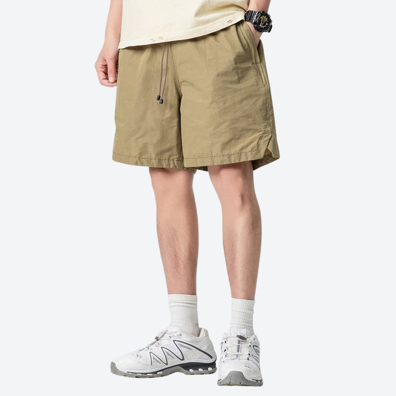 Unisex nylon quick-dry shorts - khaki tan quick-dry shorts with cream tee, for cycling and outdoor weekends