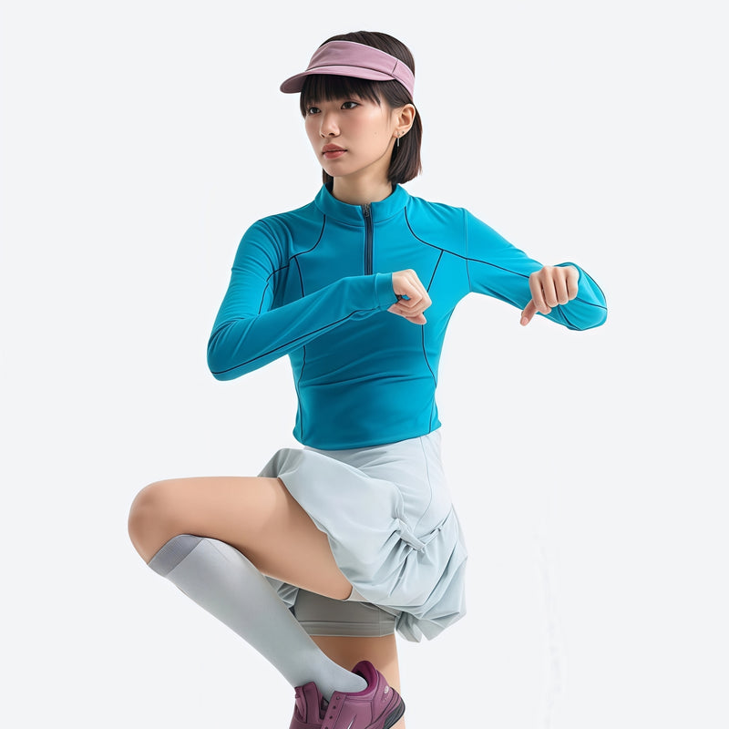Women's stretchy fitted tee for outdoor - lake blue half-zip long sleeve tee on women with cap, for hiking and trail walking