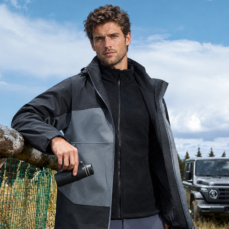 Men's PFC-free 10K waterproof ski jacket - gray black 3-in-1 jacket, for cold-weather winter sports