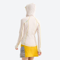 
                  
                    Women's slim fit sun jacket UPF50 antibacterial - cream white slim fit sun jacket on women with cap, back view with hood up
                  
                