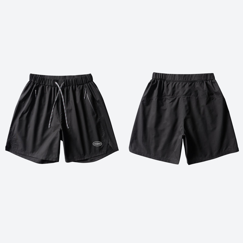 Unisex quick-dry running shorts - black running shorts, front and back product view, for gym and outdoor workouts