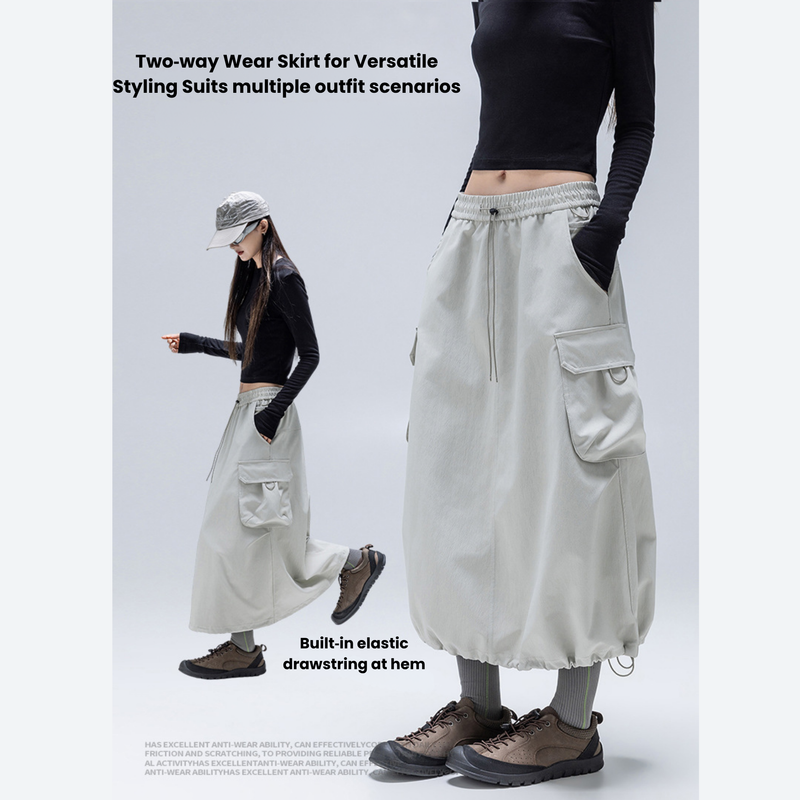 Versatile water-repellent cargo skirt - light gray cargo long skirt, two-way wear infographic, for travel and city walks