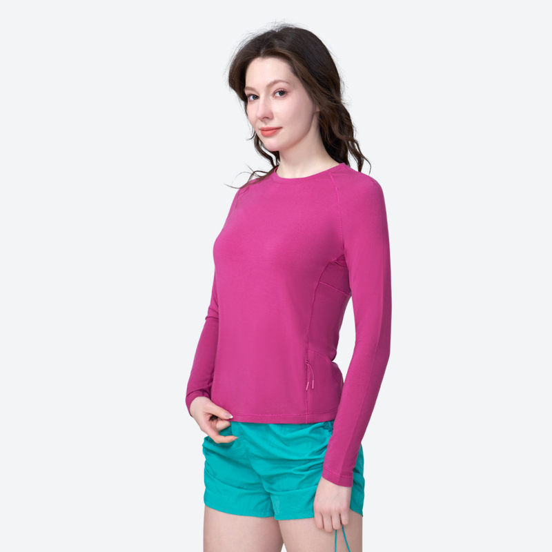 Women's merino wool quick-dry tee with side pocket - rose pink merino wool quick-dry long-sleeve
