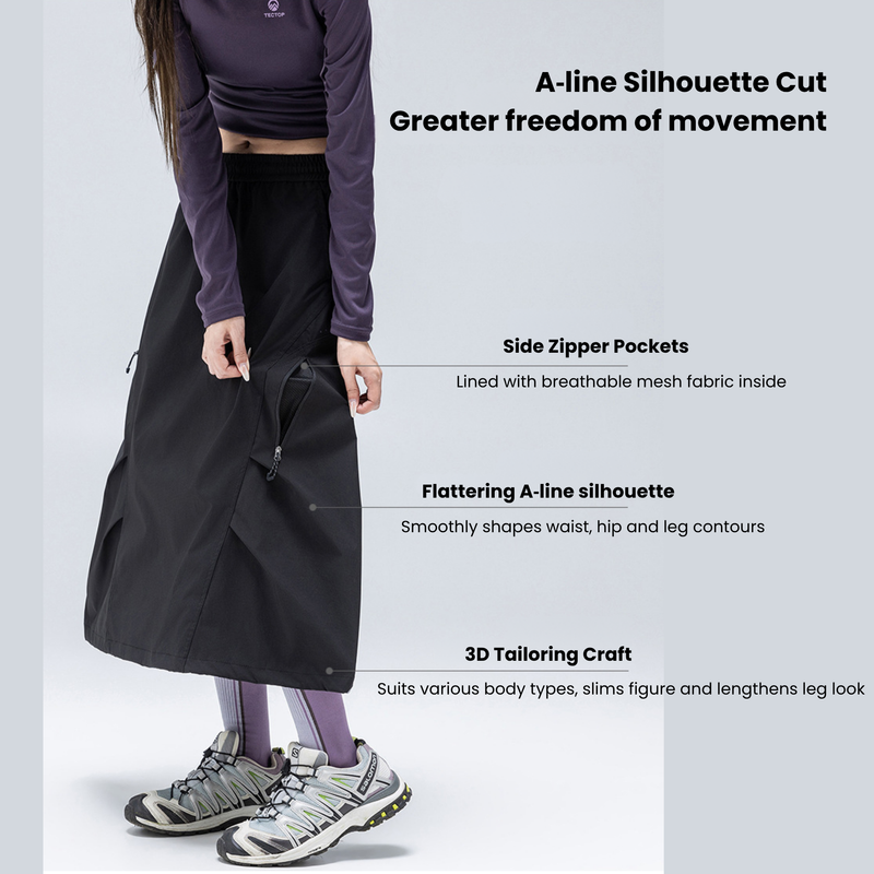 Water-repellent A-line long skirt PFOS PFOA free - black water-repellent long skirt, for camping and outdoor weekends