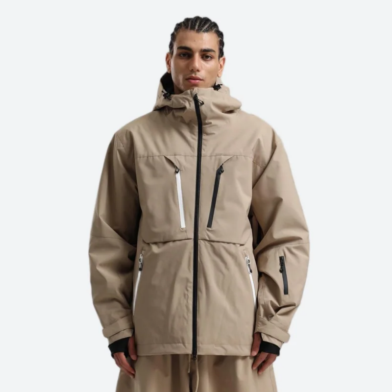 Men's waterproof 2L snow jacket and pants - tan jacket, on-model front view, for cold-weather winter sports
