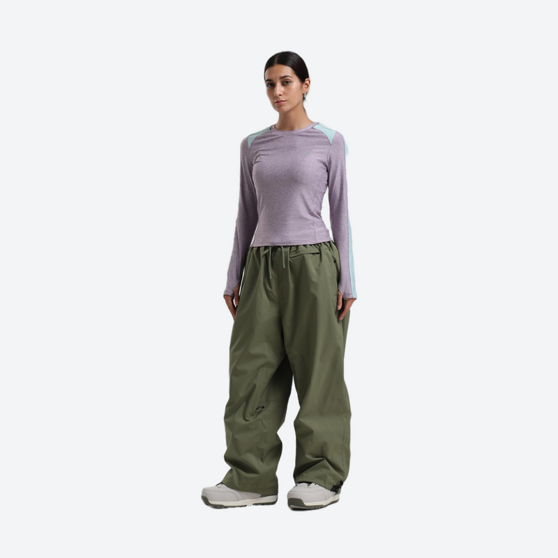 Women's 2-layer snowboard jacket and pants - lavender base layer top with olive green snow pants