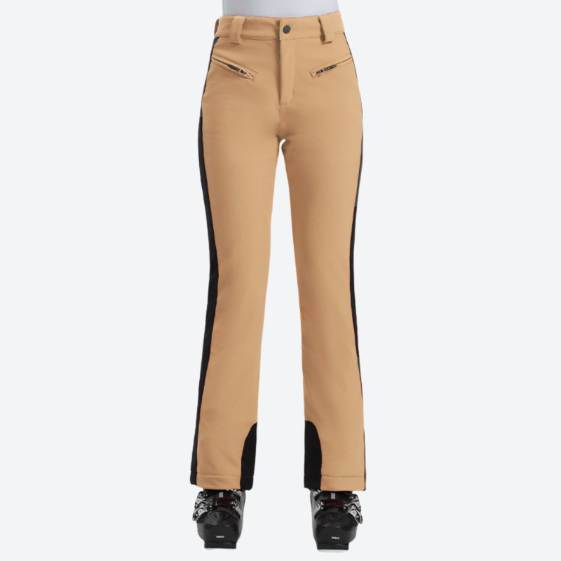 Women's slim waterproof ski trousers for resort - khaki ski pants with black side stripe, for snow sports weekends