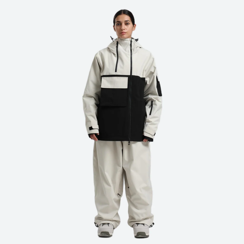 Women's waterproof 2L snow jacket and pants - cream and black colorblock jacket with cream pants