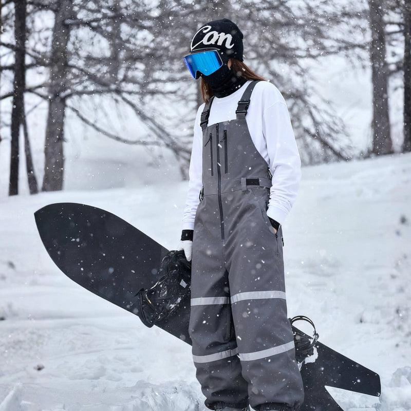 Unisex waterproof 3L bib snow pants - gray bib pants with white top, for powder days and winter commute