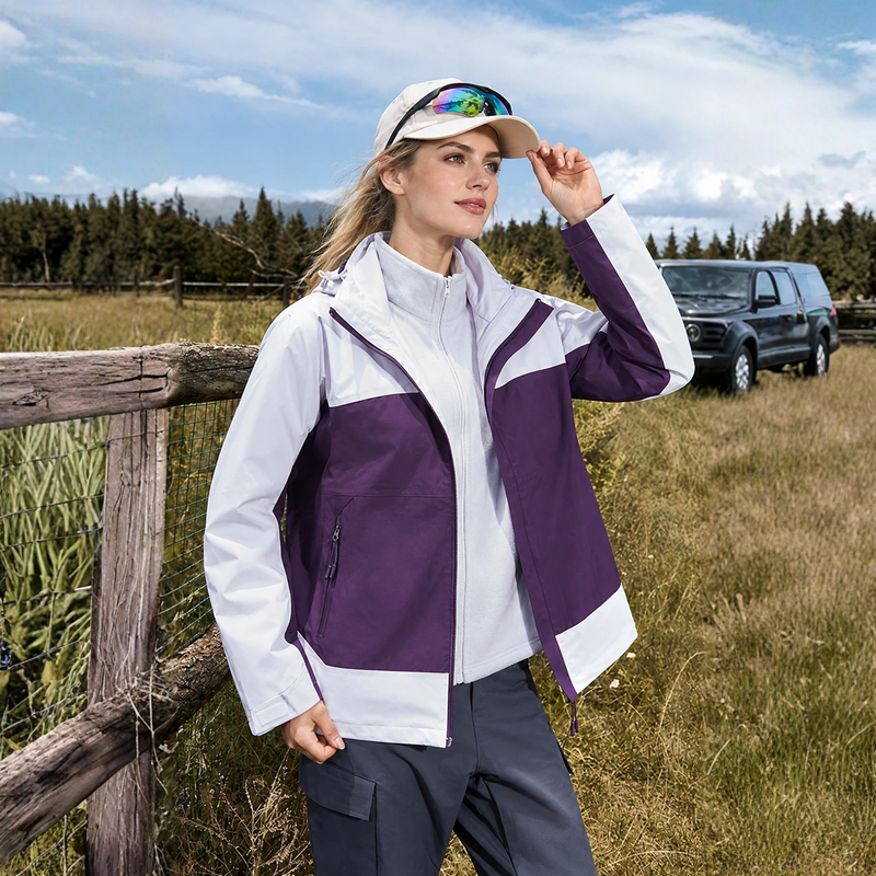 Women's PFC-free 10K waterproof ski jacket - pink purple colorblock jacket, for alpine hiking and camping