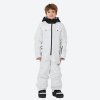 
                  
                    Kids waterproof 2L one-piece snow suit - white kids one-piece snow suit, on-model front view, for family resort trips
                  
                