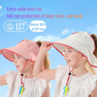 
                  
                    Kids wide brim sun hat with whistle drawstring - kids sun hat, extra wide brim upf50 infographic, for park days in summer
                  
                