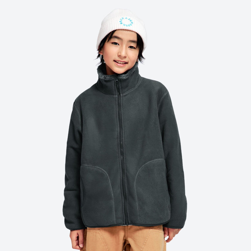 Kids' structured warmth fleece jacket with full zip - dark gray kids fleece jacket with stand collar and beanie
