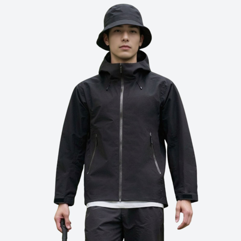 Men's breathable hard shell ski jacket with pit zips - black hardshell jacket, for hiking and trail walking