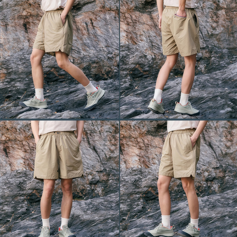 Breathable lightweight trail shorts - khaki tan quick-dry shorts with cream tee, for warm-weather trekking