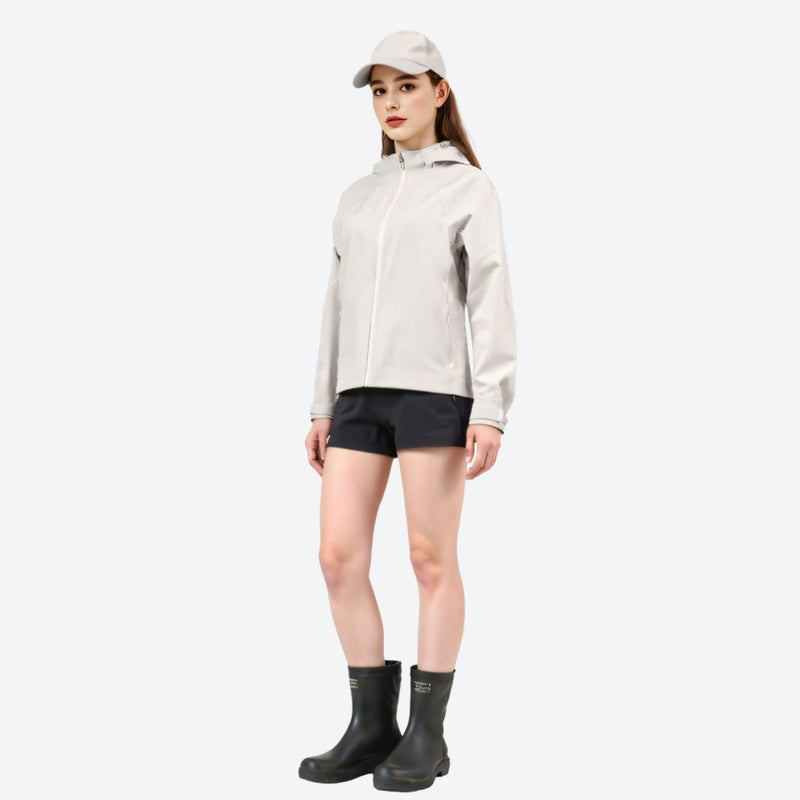 Women's breathable 3-layer shell with waist cinching fit - white hardshell jacket, for cold-weather outdoor wear