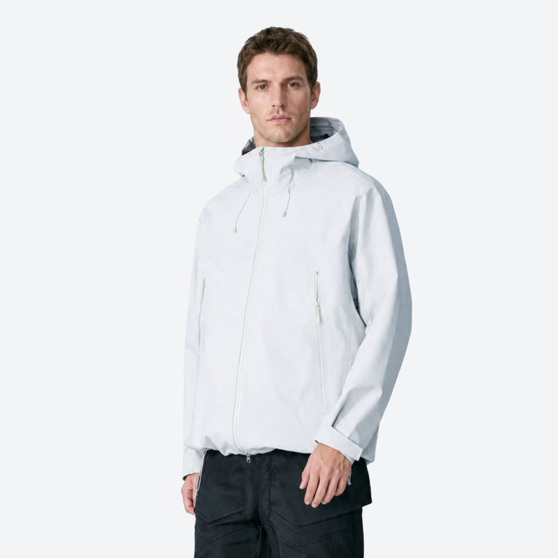 Unisex packable snowboard rain jacket with vents - white hardshell jacket, on-model front view, for skiing and snowboarding