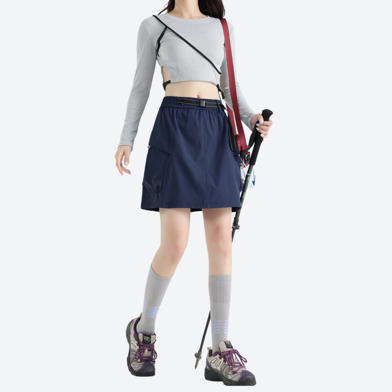 Women's quick-dry hiking skirt with inner shorts - navy cargo skort with built-in shorts, for warm-weather trekking