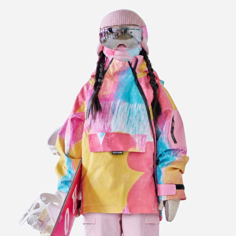 Kids breathable 2-layer splash print ski set - pink multicolor print kids anorak, for family resort trips
