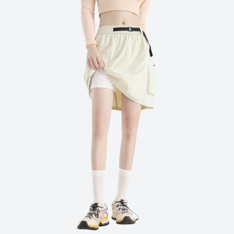 Women's quick-dry hiking skirt with inner shorts - cream cargo skort with built-in shorts, for travel and city walks