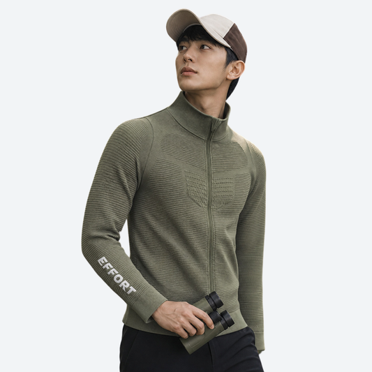 Breathable quick-dry base layer with full zip - olive 3D channel full-zip baselayer on men, for running and outdoor workouts