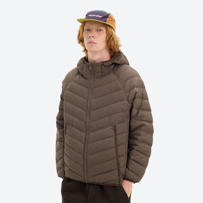 Two-way wearable down jacket with chevron quilting - brown 90 goose down reversible jacket on men with cap