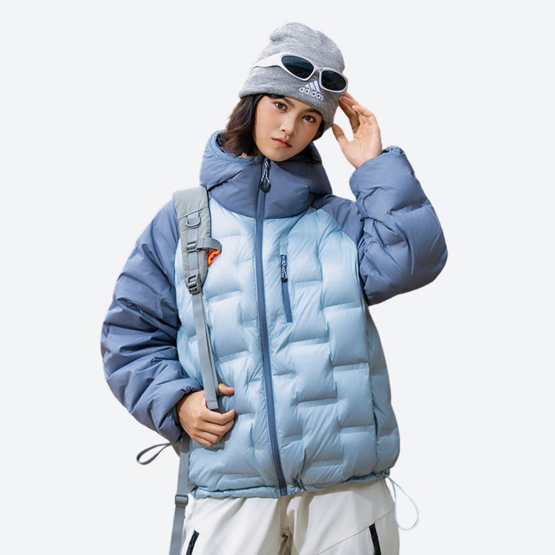 Insulated color-block duck down jacket for mountain - light blue color-block duck down jacket on women