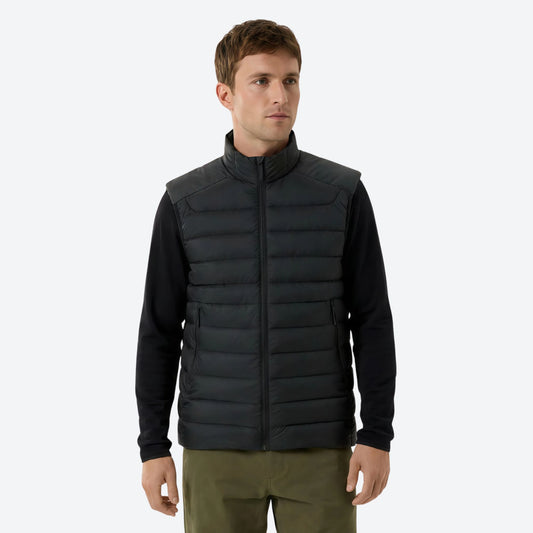 Packable insulated down vest with hooded jacket options - black down vest on men, for travel and city walks