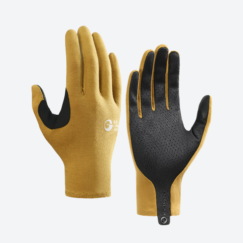 Trail gloves with touchscreen fingertips and grip palm - mustard merino wool hiking gloves, for trekking and mountaineering