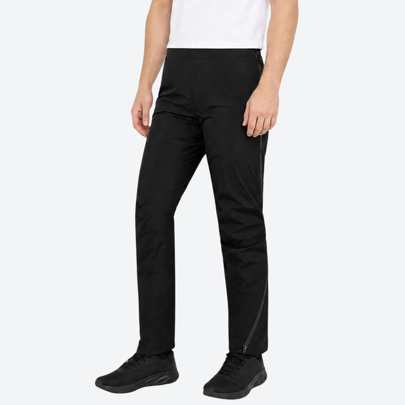 Men's breathable 3-layer shell pants with side vents - black hardshell hiking pants with white top, lower-body front view