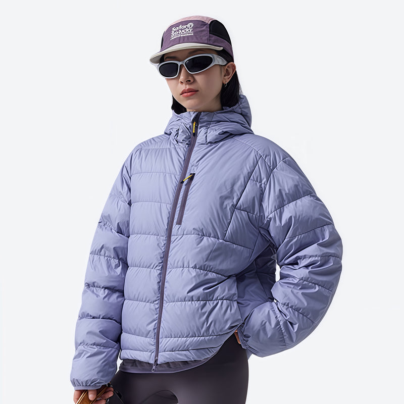 Insulated duck down jacket with contrast lining - lavender waterproof duck down hooded jacket on women with visor and sunglas